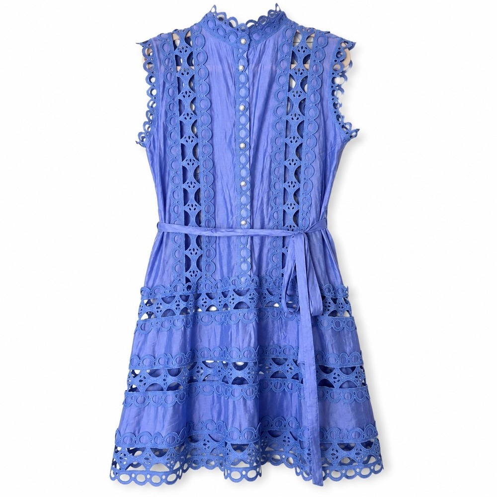 Miss Rosier Blue Lace Eyelet Tiered Mini Dress Mock Neck Waist Tie Medium P2p 20